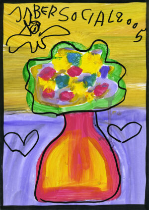Fleurs violettes, rouges et bleues dans un vase rouge et jaune – JABER