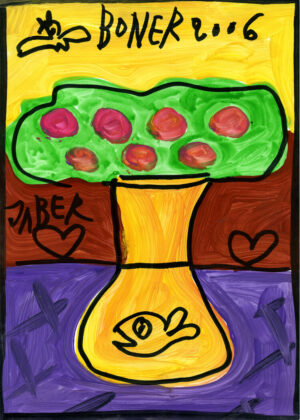 Fleurs rouges dans un vase jaune – JABER