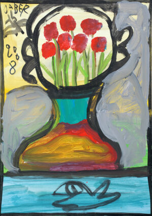 Fleurs rouges dans un vase bleu et jaune – JABER